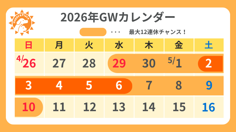 2026年5月のゴールデンウィークカレンダー。2026年GWは何連休になる？