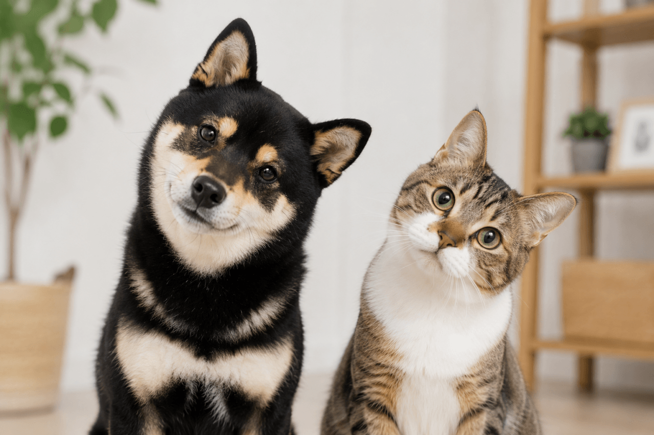 犬と猫が首を傾げている写真